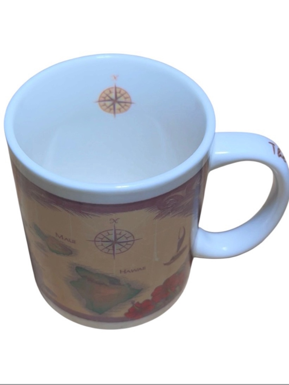 Hawaii Map Ceramic Coffee Mug - White with Beige, Green & Red Design - Picture 5 of 9